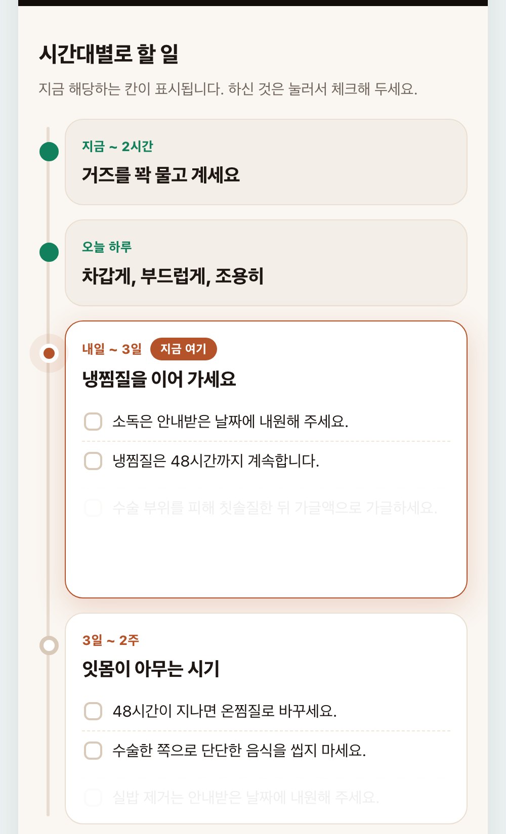 치료 후 안내 — 시간대별 할 일
